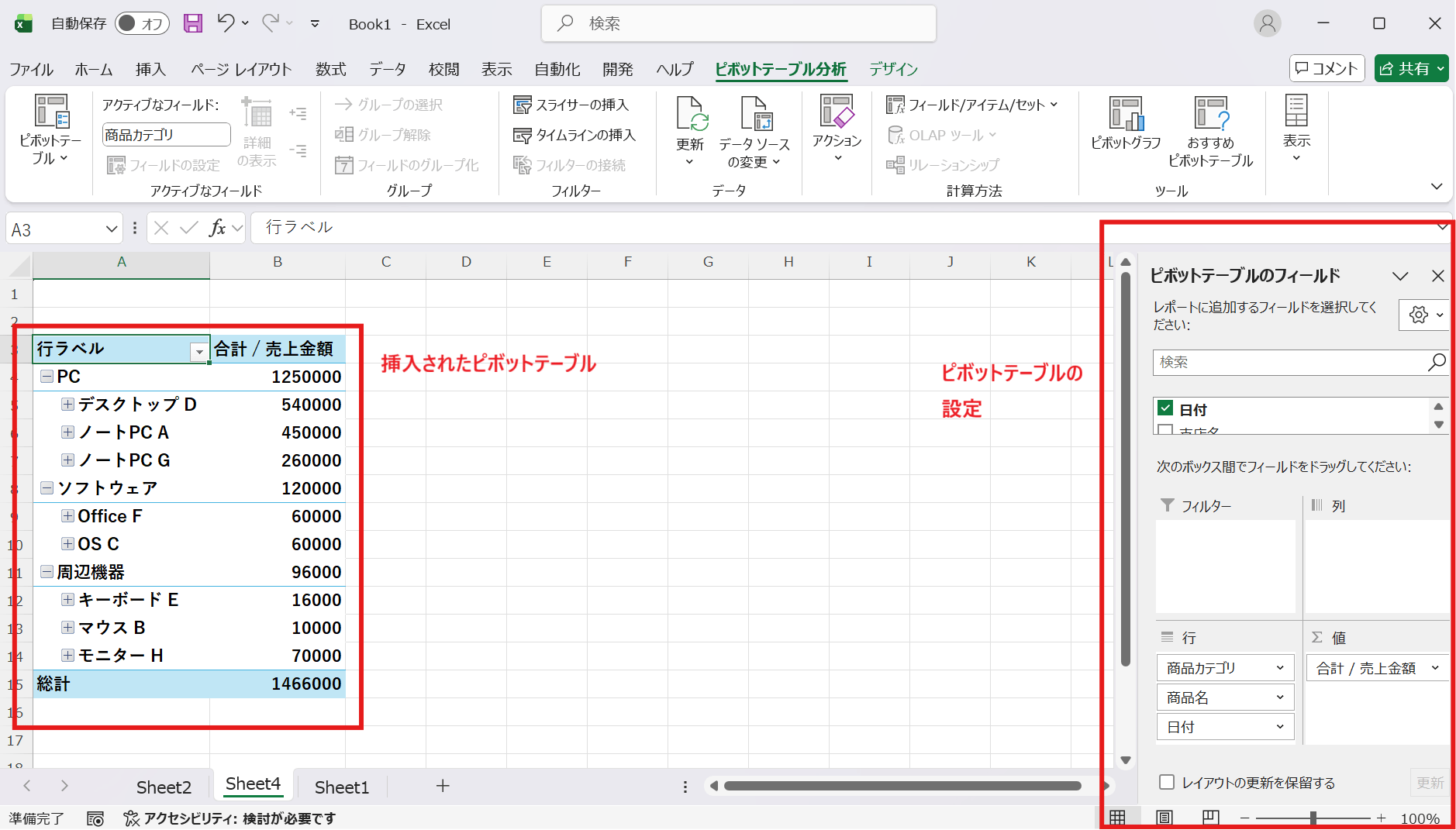 挿入されたピボットテーブル